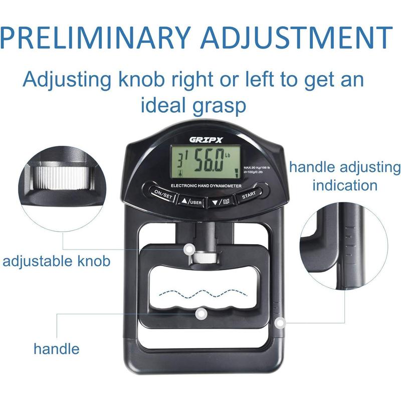 GRI Digital Hand-held Dynamometer Grip Strength Measurement Meter Auto Capturing Electronic Hand Grip Power 198Lbs   90Kgs