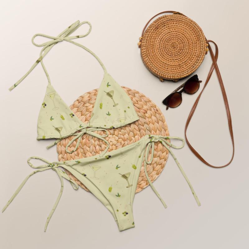 Green MARTINI OLIVE Pattern Printed BIKINI set For Women – Sustainable High Waisted Recycled String Bikini Set - Euro Summer Swimwear - Sage