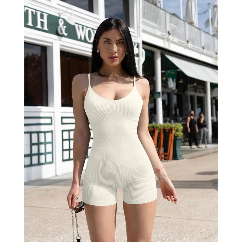 Women Workout Seamless Jumpsuit Yoga Ribbed Bodycon One Piece Spaghetti Strap Shorts Romper