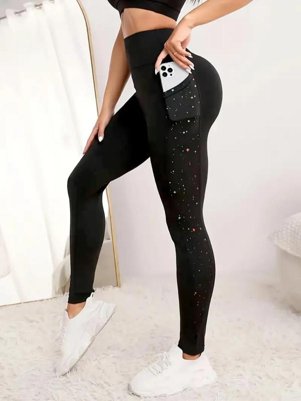 Sporty Women's Stars Patchwork Print Pocket High Waist Sports Leggings, Casual Comfy Breathable Skinny Pants for Yoga Gym Workout Running, Ladies Sportswear for All Seasons