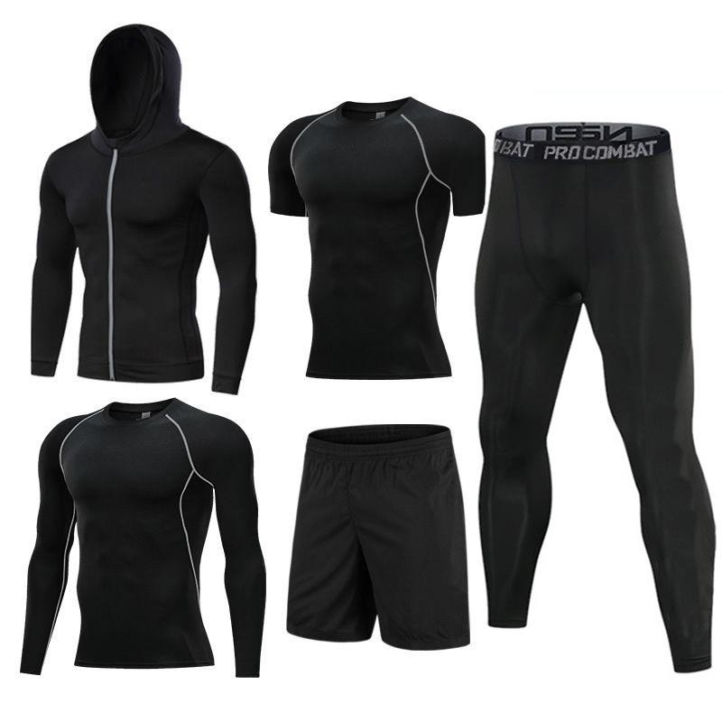 Fitness Clothes Men's Suit Autumn and Winter Fleece-lined Tights Sports Basketball Running Training High Elastic Long Sleeve Five-Piece Set Halloween