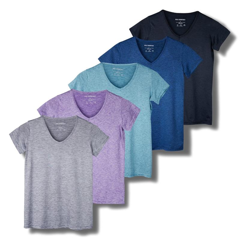 Real Essentials 5 Pack: Women's Short Sleeve V-Neck Activewear T-Shirt Dry-Fit Wicking Yoga Top (Available in Plus)