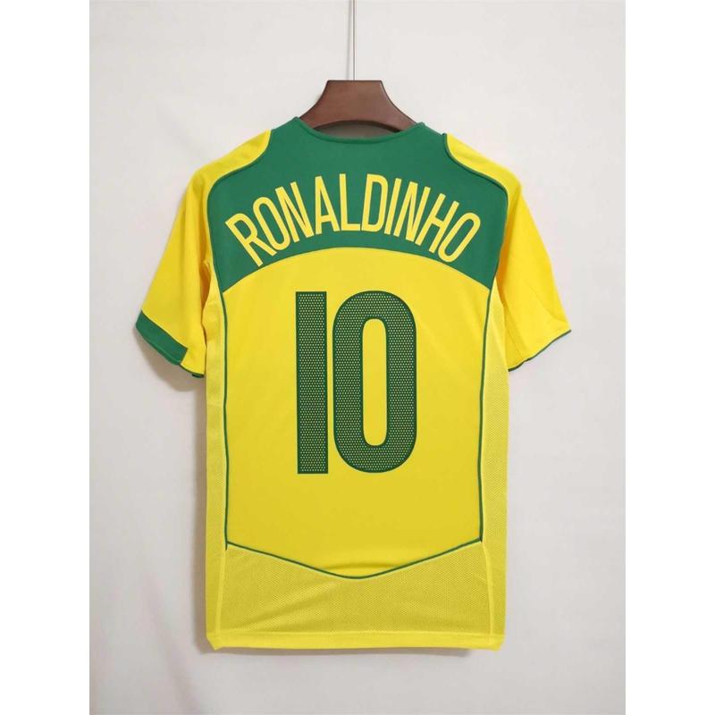 Ronaldinho's 2004 Brazil Home Vintage Football jersey featuring Ronaldinho's short sleeved print commemorative football