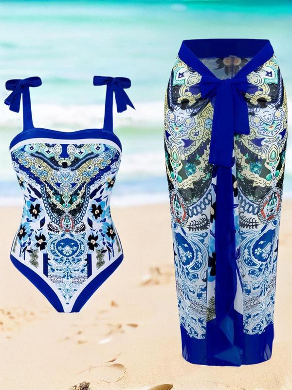 Women's Ethnic Pattern Knot Swimsuit Set, Boho Sleeveless Bodysuit & Wrap Skirt Swimwear Set for Beach Vacation, Ladies Summer Clothes