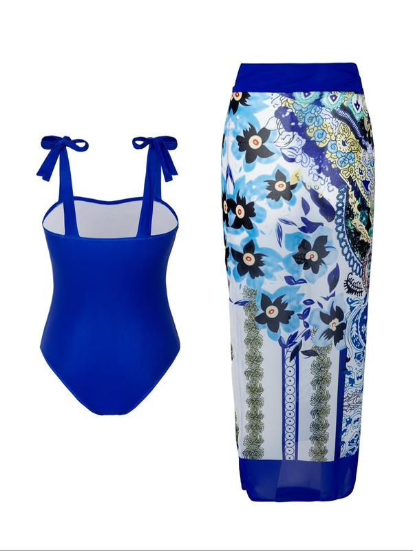 Women's Ethnic Pattern Knot Swimsuit Set, Boho Sleeveless Bodysuit & Wrap Skirt Swimwear Set for Beach Vacation, Ladies Summer Clothes