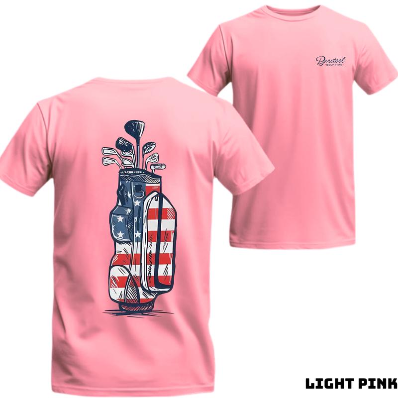 Barstool Golf T-Shirt - Creative American Flag Design with Golf Clubs, Perfect for Golf Enthusiasts and Sporty Style Fans.