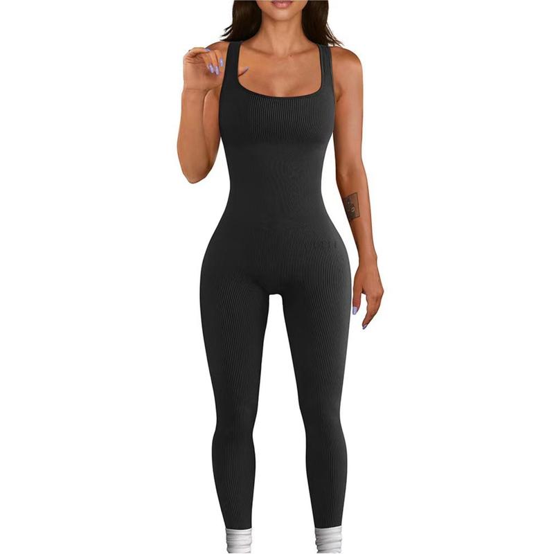 Women's Jumpsuits Seamless Ribbed Square Neck One Piece Yoga Workout Sleeveless Rompers Sexy Tank Top 02 Women's Backless