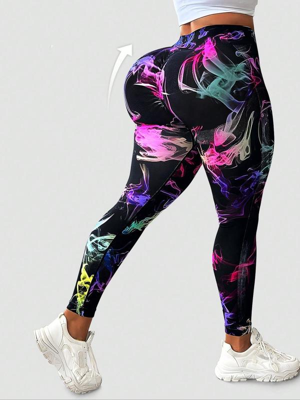 Plus Size All Over Print Sports Tummy Control Leggings, Sporty High Stretch Seamless Yoga Leggings, Ladies Sportswear for Indoor Outdoor Wear