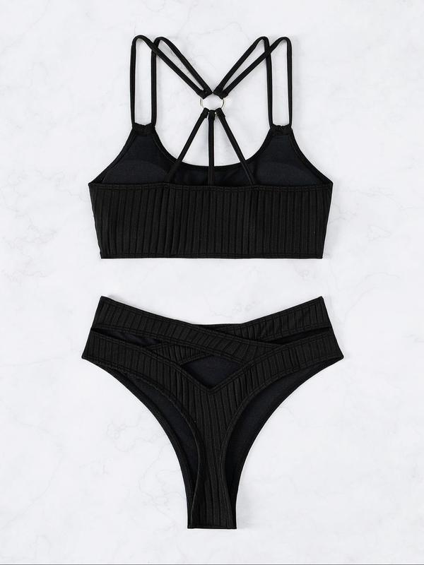 Two-Piece Set Women's Plain Criss Cross Cut Out Gothic Bikini Sets, Ring Linked Wireless Swim Top & High Waist Swim Bottom, Bathing Suits Women, Ladies Summer Beach Vacation Swimsuit, Tummy Control Swimsuits 2024 Women