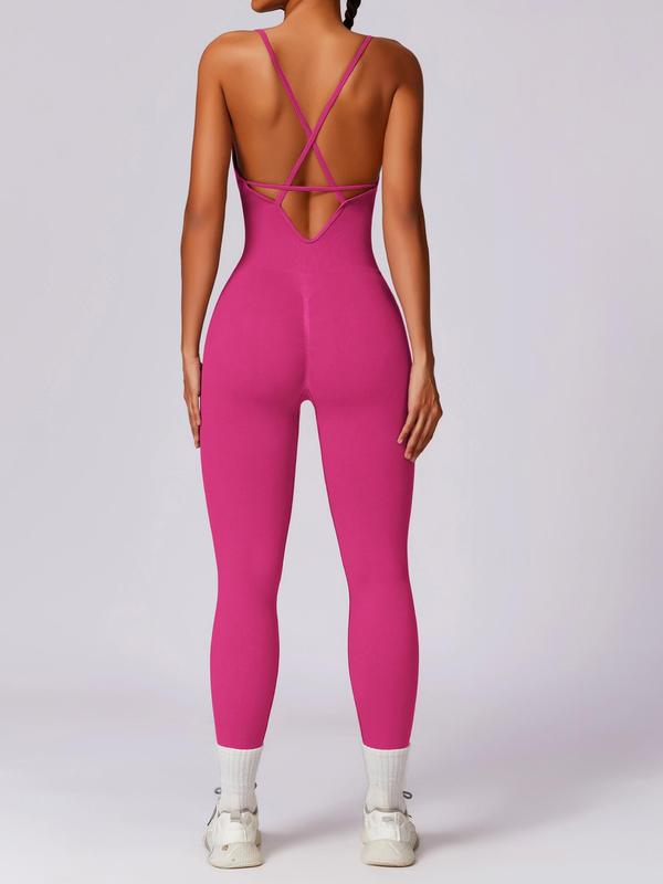 Women's Criss Cross Backless Sports Jumpsuit, Sporty Solid Color High Stretch Jumpsuit, Ladies Sportswear for Yoga Gym Workout Running