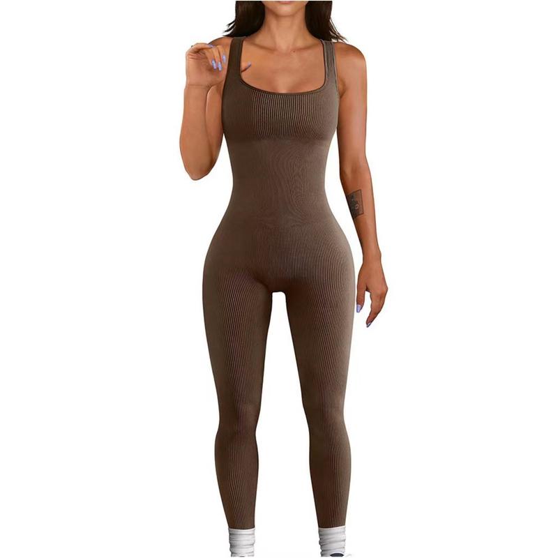 Women's Jumpsuits Seamless Ribbed Square Neck One Piece Yoga Workout Sleeveless Rompers Sexy Tank Top 02 Women's Backless