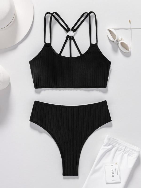 Two-Piece Set Women's Plain Criss Cross Cut Out Gothic Bikini Sets, Ring Linked Wireless Swim Top & High Waist Swim Bottom, Bathing Suits Women, Ladies Summer Beach Vacation Swimsuit, Tummy Control Swimsuits 2024 Women