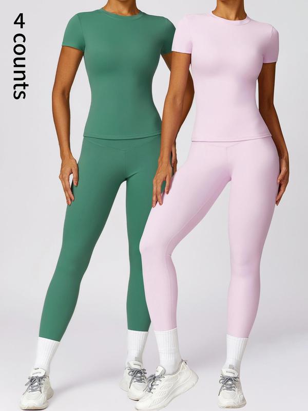 Women's Solid Round Neck Tee & High Waist Leggings Sports Set, Sporty Breathable Comfy Outfits for Yoga Gym Workout Running, Ladies Sportswear for All Seasons