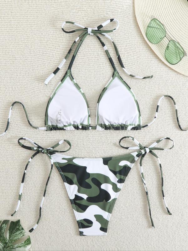 Two-Piece Set Women's Camo Print Bikini Sets, Casual Halter Tie Back Triangle Swim Bra & Tie Side Swim Thong Swimwear Set for Summer, Swimsuit for Women, Bathing Suits Women for Beach Holiday Vacation