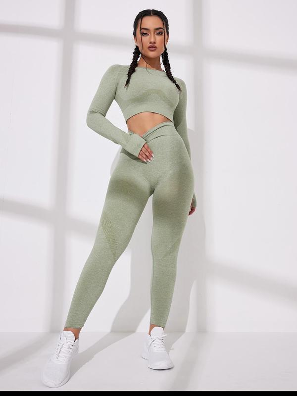 Sporty Women's Cut Out Thumb Hole Crop Tee & High Waist Leggings Tracksuit Set, Jogging Suit Set, Women Clothing, Sport Solid Outfits for Yoga Gym Workout, Ladies Spring & Fall Clothes, Gym Clothes, 2 Piece Sets Women