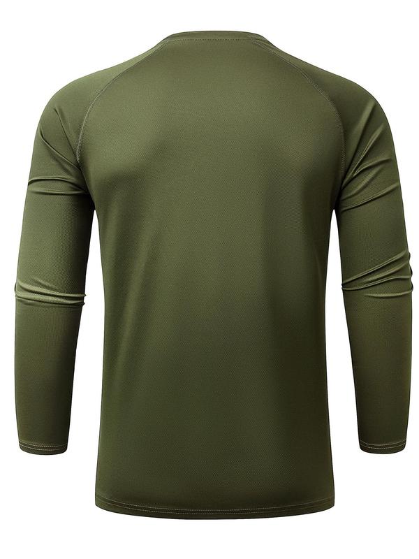 Men's Solid Round Neck Long Sleeve Sports Tee, Quick Drying Breathable Crew Neck T-Shirt for Gym Workout Running, Casual Sportswear for Men