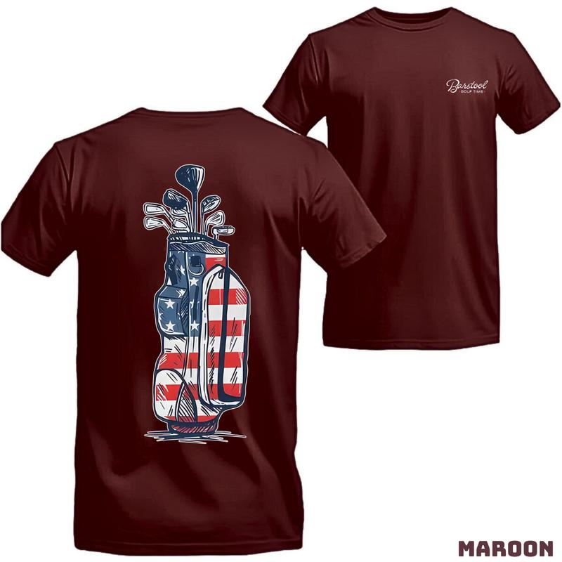 Barstool Golf T-Shirt - Creative American Flag Design with Golf Clubs, Perfect for Golf Enthusiasts and Sporty Style Fans.