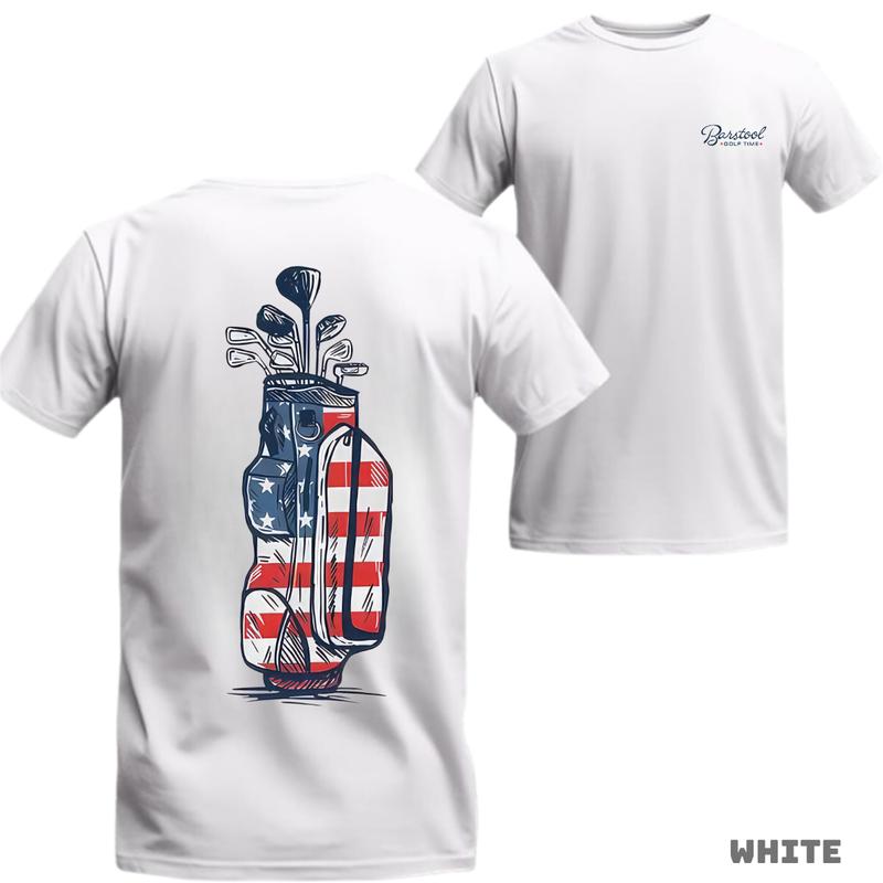 Barstool Golf T-Shirt - Creative American Flag Design with Golf Clubs, Perfect for Golf Enthusiasts and Sporty Style Fans.