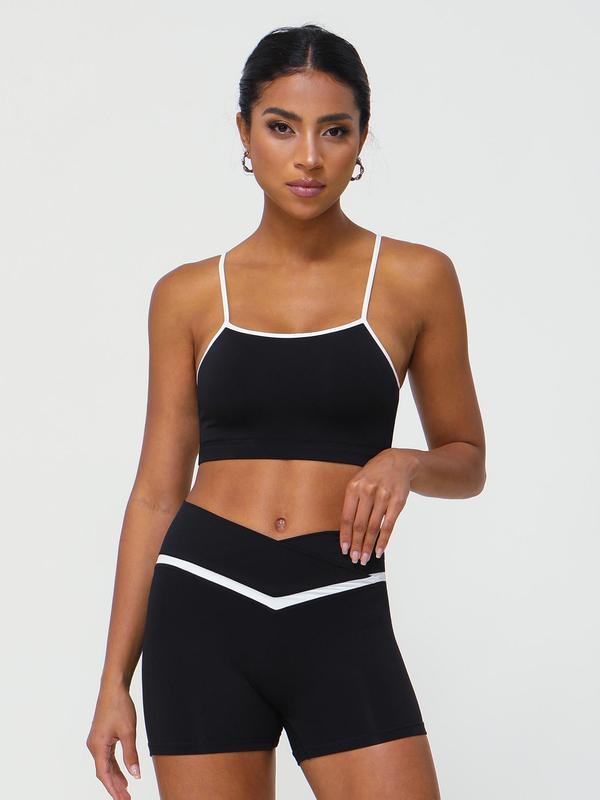 Women's Contrast Binding Crop Sports Bra & Natural Waist Shorts Sports Set, Sleeveless Spaghetti Strap Crop Top & High Stretch Shorts, Workout Gym Yoga Exercise Clothing Set for Women