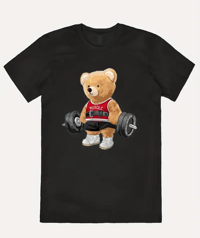 Unisex Fitness Exercise Bear Gym Shirt, Men's Women's 2024 Cotton Summer Cute T-shirt, Luxury Letters Bear Print T Short Sleeve Tees  Summer Wear Streetwear, Motivated Gym T-shirt, Pump Cover Gym Tee for Men Women