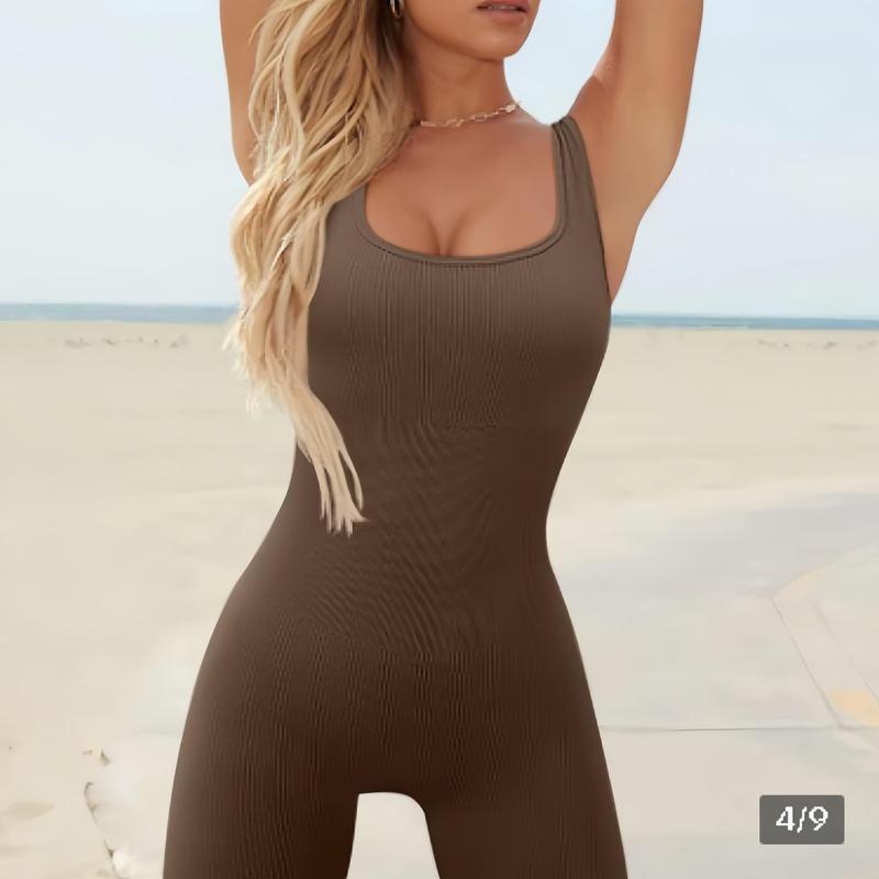 Women's Jumpsuits Seamless Ribbed Square Neck One Piece Yoga Workout Sleeveless Rompers Sexy Tank Top 02 Women's Backless