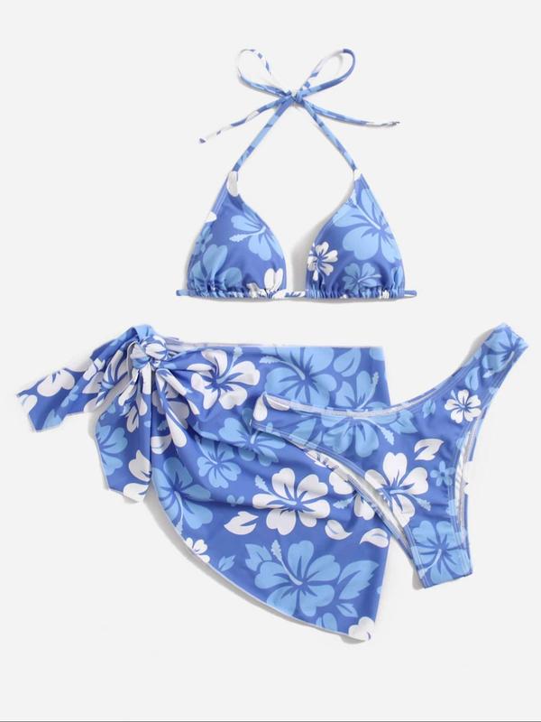 Three-piece Set Women's Floral Print Halter Bikini Set, Tie Back Triangle Swim Bra & Swim Panty & Cover Up Skirt Set, Three-piece Swimsuit for Beach Holiday Vacation