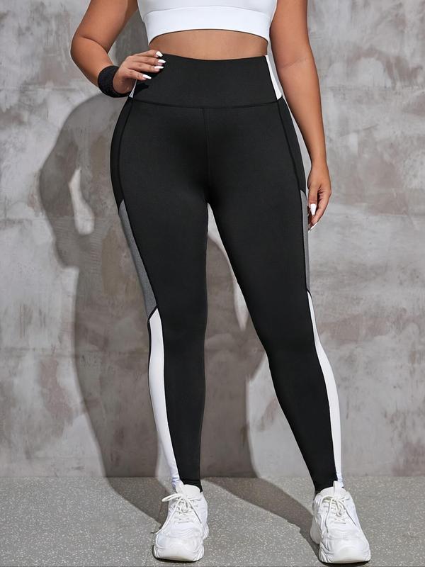 Plus Size Colorblock High Waist Sports Tummy Control Leggings, Tight-fitting High Stretch Seamless Yoga Leggings, Ladies Sportswear for Indoor Outdoor Wear