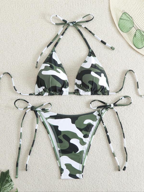 Two-Piece Set Women's Camo Print Bikini Sets, Casual Halter Tie Back Triangle Swim Bra & Tie Side Swim Thong Swimwear Set for Summer, Swimsuit for Women, Bathing Suits Women for Beach Holiday Vacation