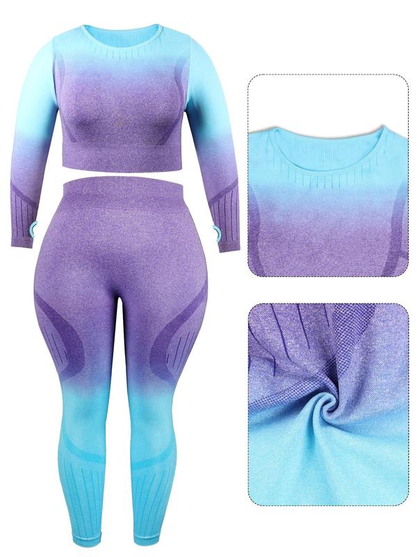 Plus Size Ombre Print Thumb Hole Crop Tee & Leggings Tracksuit Set, Long Sleeve Round Neck Top & Skinny Pants for Gym Workout Running, Women's Sportswear for All Seasons