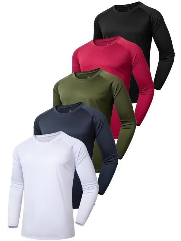 Men's Solid Round Neck Long Sleeve Sports Tee, Quick Drying Breathable Crew Neck T-Shirt for Gym Workout Running, Casual Sportswear for Men