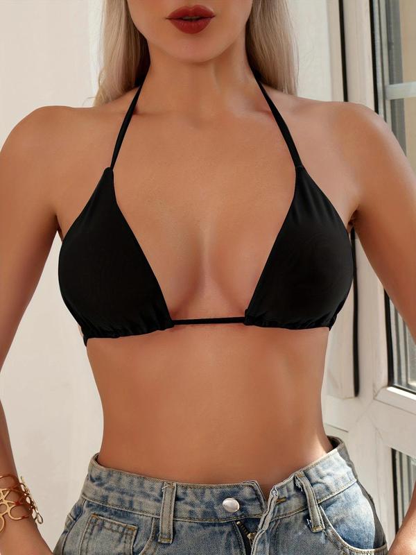 Women's Solid Backless Tie Back Swimwear Top, Casual Halter Triangle Bra for Summer, Ladies Swimwear for Beach Holiday Vacation