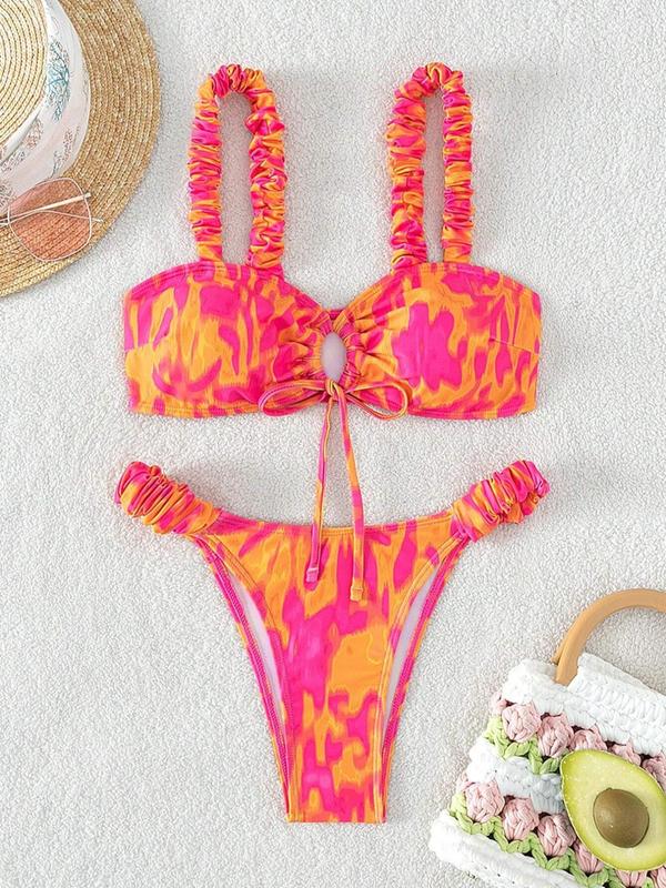 Women's All Over Print Bikini Sets, Chic Drawstring Padded Swim Top & Ruched High Cut Swim Bottom, Swimsuit for Women Summer Beach Vacation, Bathing Suits Women