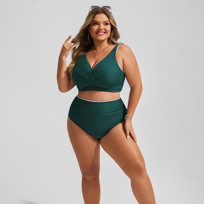 Hanna Nikole Womens Plus Size Bikini Sets Two Piece Swimsuits High Waisted Bathing Suit Shell Edging Tummy Control Swimwear 2024