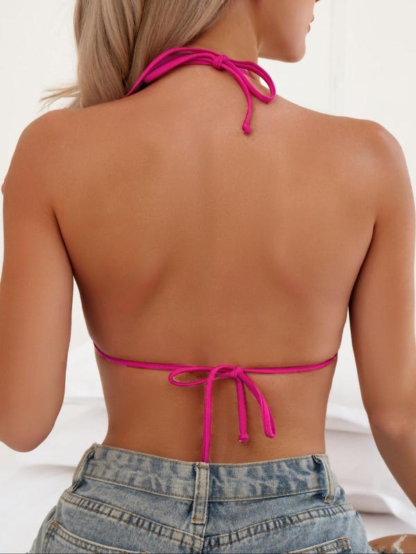 Women's Solid Backless Tie Back Swimwear Top, Casual Halter Triangle Bra for Summer, Ladies Swimwear for Beach Holiday Vacation