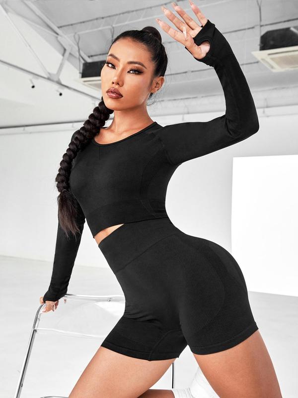 Two-Piece Set Women's Solid Cut Out Raglan Sleeve Crop Top & High Waist Skinny Shorts Tracksuit Set, Sporty Casual Breathable Comfy Outfits for Yoga Gym Workout Running, Sports Basic Outfits, Ladies Sportswear for All Seasons, Black Girl Outfits