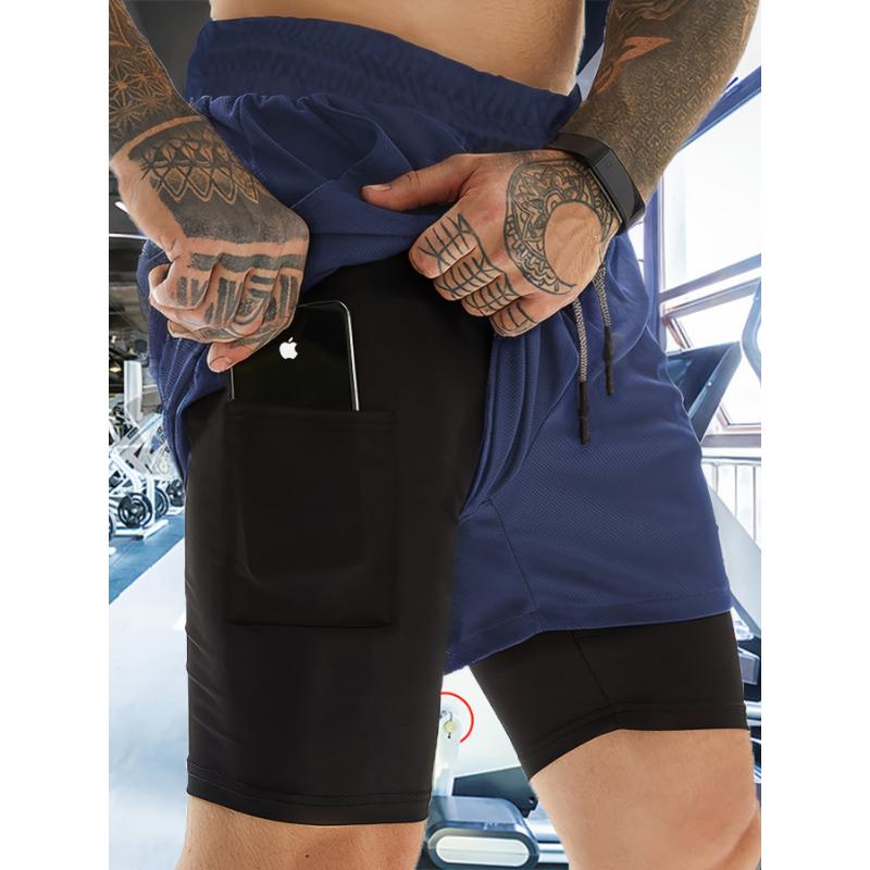 4pcs Quick-drying Men's Double-layer Solid Color Fitness Shorts With Drawstrings, Breathable Sports Training, Outdoor Cloth