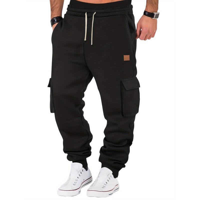 Mens' Comfy Stretch Cargo Joggers - Soft Cotton Blend, Multiple Pockets, Drawstring Waist, Regular Fit, Perfect for Teens, Fall Winter Outdoor Activities, Casual Solid Color Knit Fabric Sweatpants