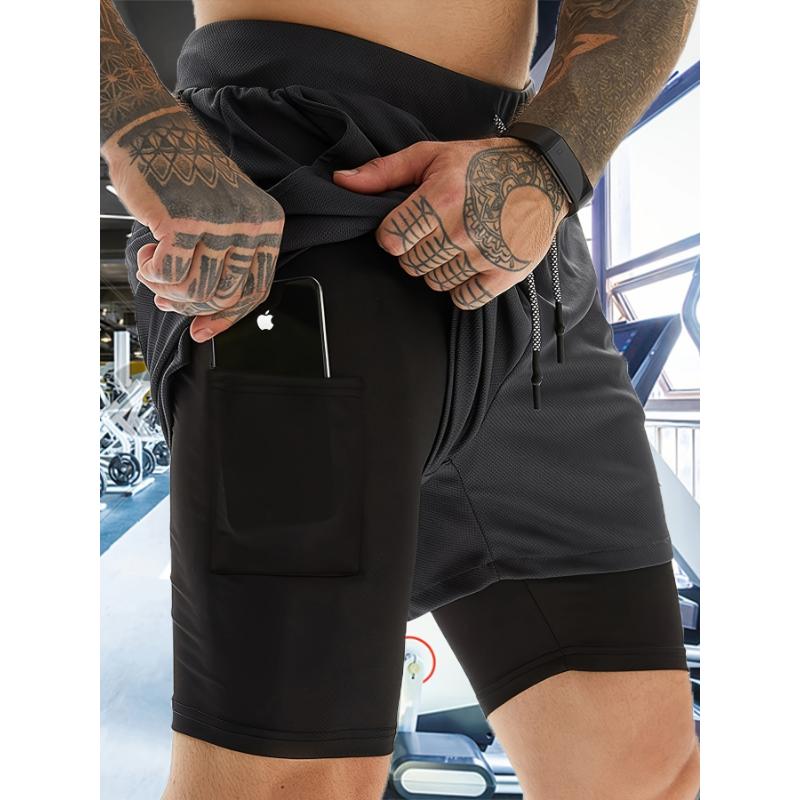 4pcs Quick-drying Men's Double-layer Solid Color Fitness Shorts With Drawstrings, Breathable Sports Training, Outdoor Cloth