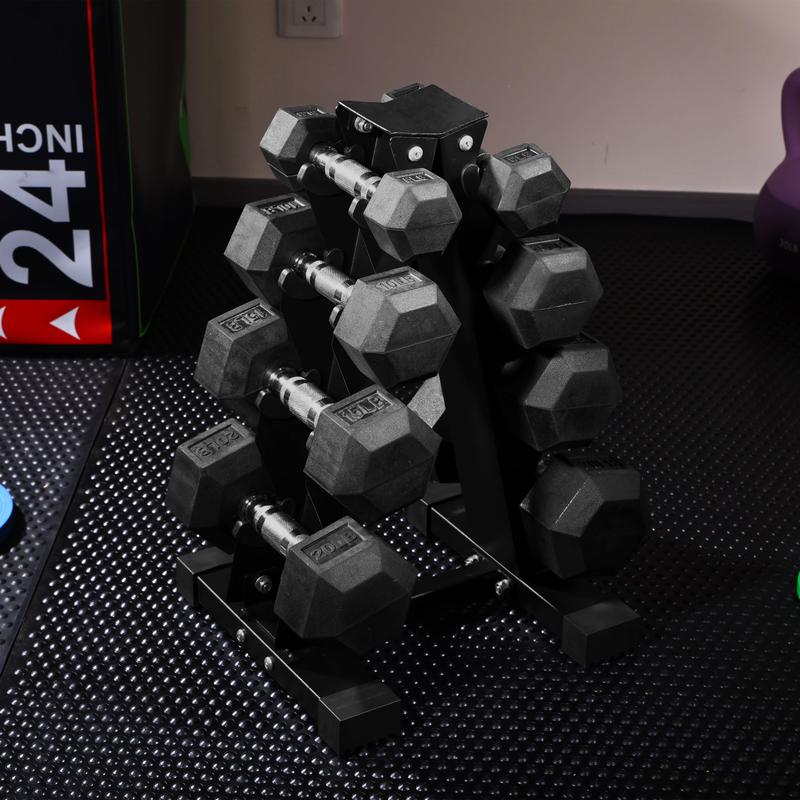 Rubber Coated Hex Dumbbell Set with A-Frame Rack - 100lb Total Weight - Includes 5lb to 20lb Weights - for Home or Gym Workouts