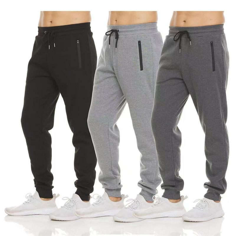 Mens 3 Pack Fleece Sports Workout Jogging Pants Zipper Pockets and Drawstring Sweatpants