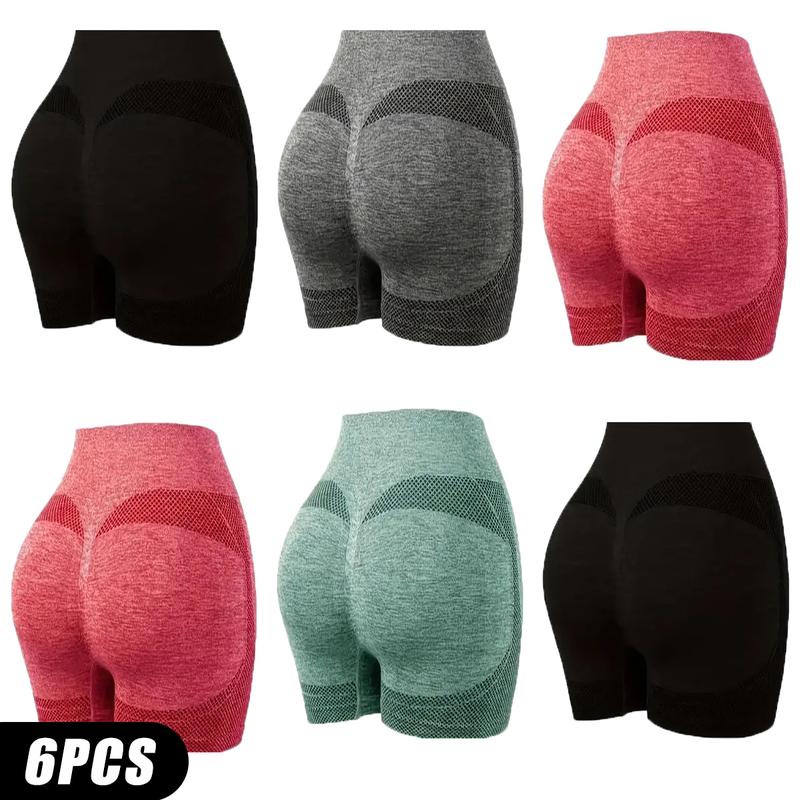 6PCS High Waist Yoga Shorts, Women's Solid Color Seamless elastic Slimming Hip Lifting  Shorts For Cycling, Running, Gym And Fitness