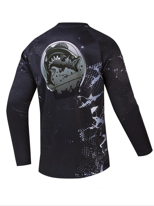 Men's Fish Print Round Neck Sports Tee, Sporty Long Sleeve Crew Neck T-shirt, Men's Sportswear Top for Outdoor Activities