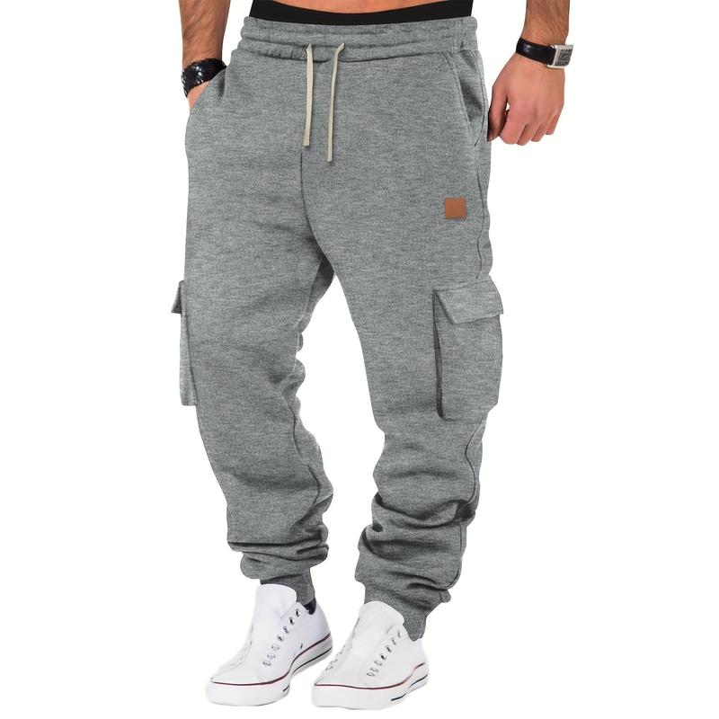 Mens' Comfy Stretch Cargo Joggers - Soft Cotton Blend, Multiple Pockets, Drawstring Waist, Regular Fit, Perfect for Teens, Fall Winter Outdoor Activities, Casual Solid Color Knit Fabric Sweatpants