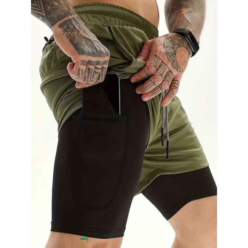 4pcs Quick-drying Men's Double-layer Solid Color Fitness Shorts With Drawstrings, Breathable Sports Training, Outdoor Cloth