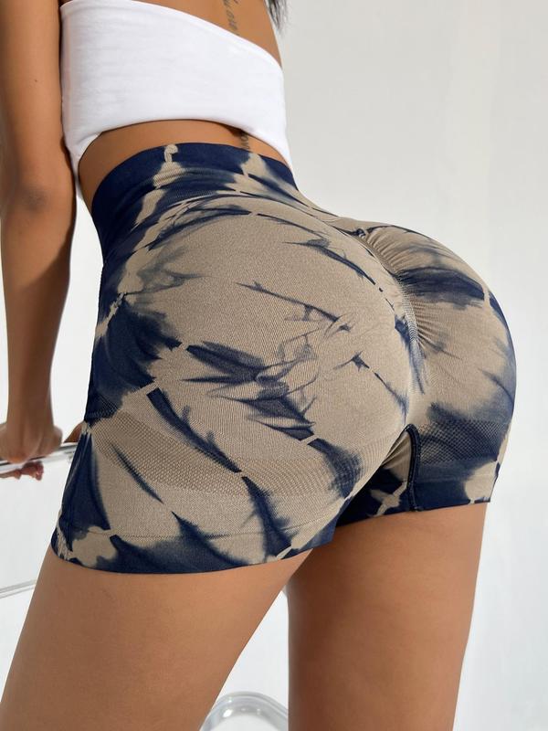 Women's Tie Dye Print Ruched Wide Band Waist Sports Shorts, Casual Comfy Breathable Skinny Shorts for Yoga Gym Workout Running, Gym Shorts, Ladies Sportswear for All Seasons