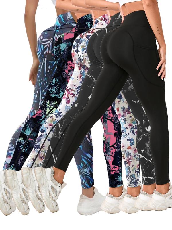 Women's All Over Print & Plain Pocket High Waist Sports Leggings, Sporty Comfy Breathable Skinny Pants for Yoga Gym Workout Running, Ladies Sportswear for All Seasons