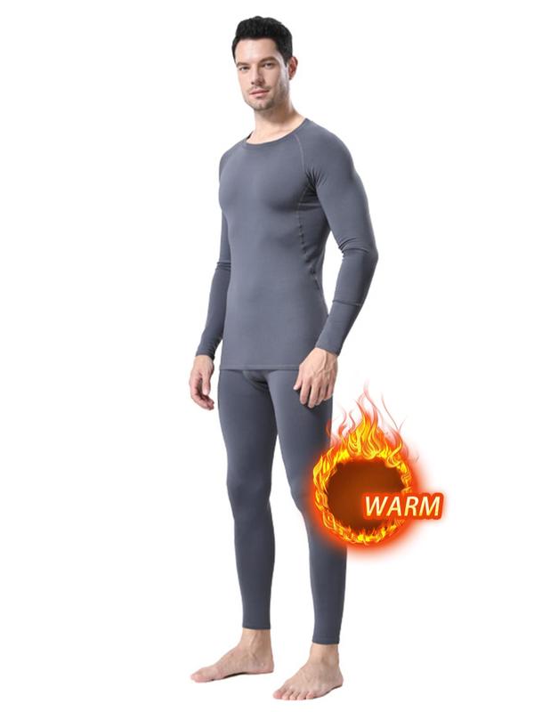 Men's Long Sleeve Compression Top & Letter Tape Leggings Set, Tight Sporty Raglan Sleeve Round Neck Thermal Lined Top & Pants, Men's Sportswear Set for Fall & Winter