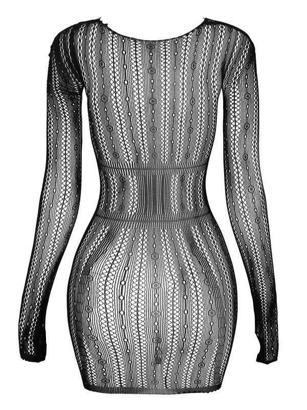 Women's Plain Hollow Out Sheer Bodycon Cover Up Dress, Casual Sexy Long Sleeve Scoop Neck Cover Up Dress for Beach Holiday Vacation, Ladies Summer Swimwear