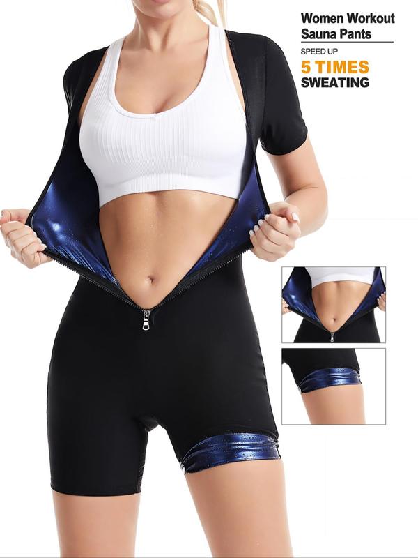 Women's Basic Solid Zip Up Sports Bodysuit, Sporty Zipper Body Shaping Sauna Suit For Women, Women's Romper, Running Fitness Sweat Absorption Sauna Suit, Tummy Control