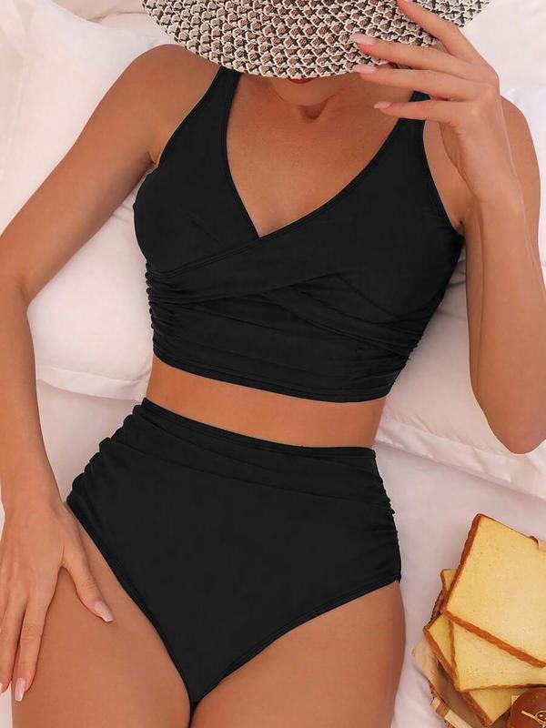 Two-Piece Set Women's Solid Ruched V Neck Swim Top & High Waist Swim Bottom Bikini Set, Casual Fashion Chic Swimwear Set for Beach Holiday Vacation, Ladies Swimsuit for All Seasons